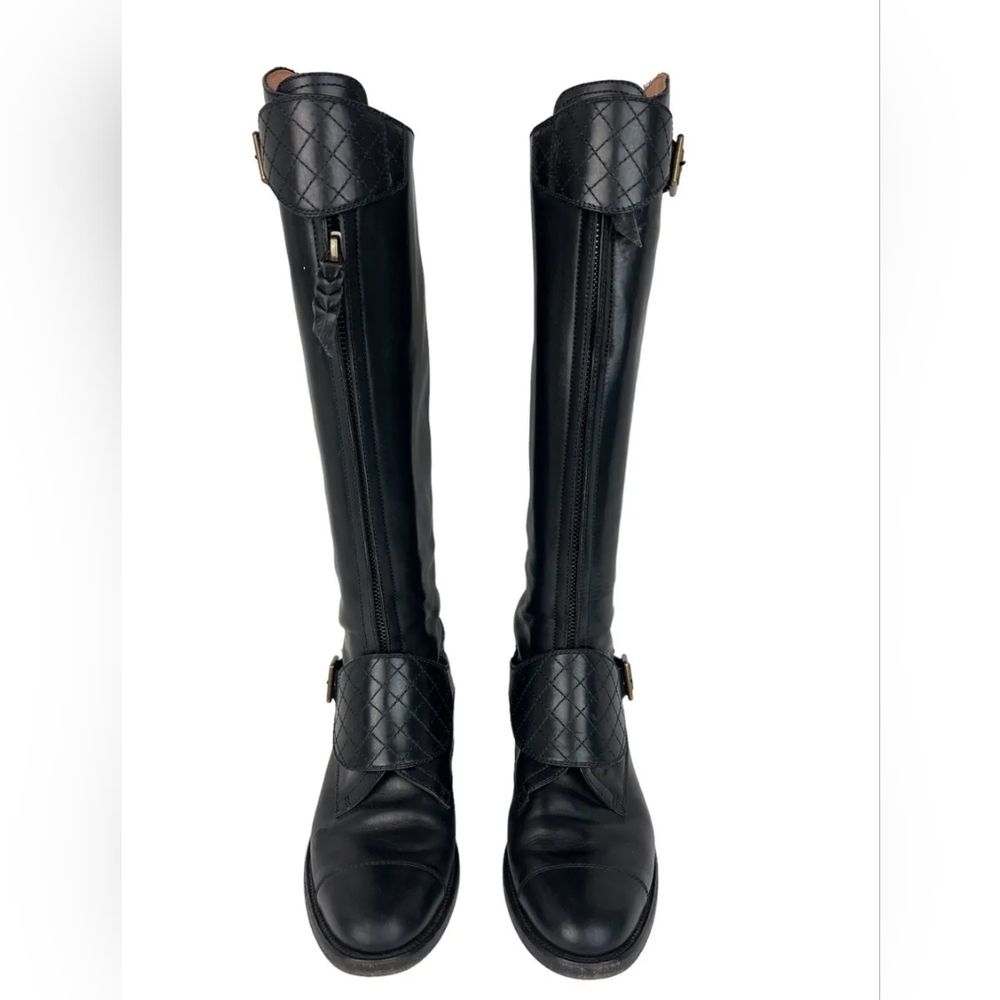 Chanel cc blk leather riding boots used with repairs to leather shown in pics